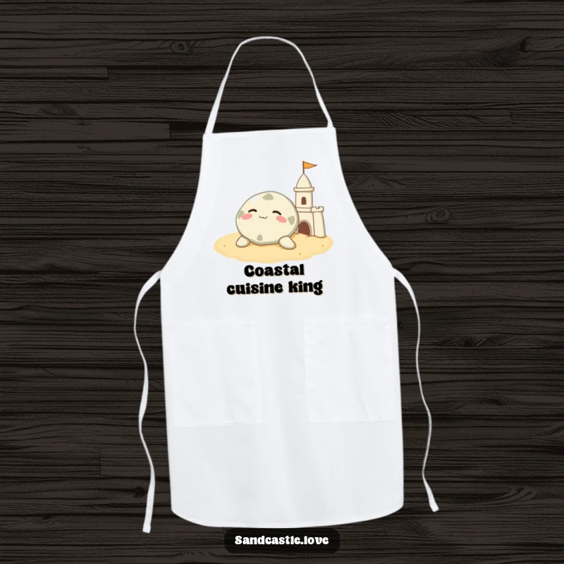 Funny sand dollar apron, a contented character resting on warm sand beside a sandcastle, humorous kitchen wear.