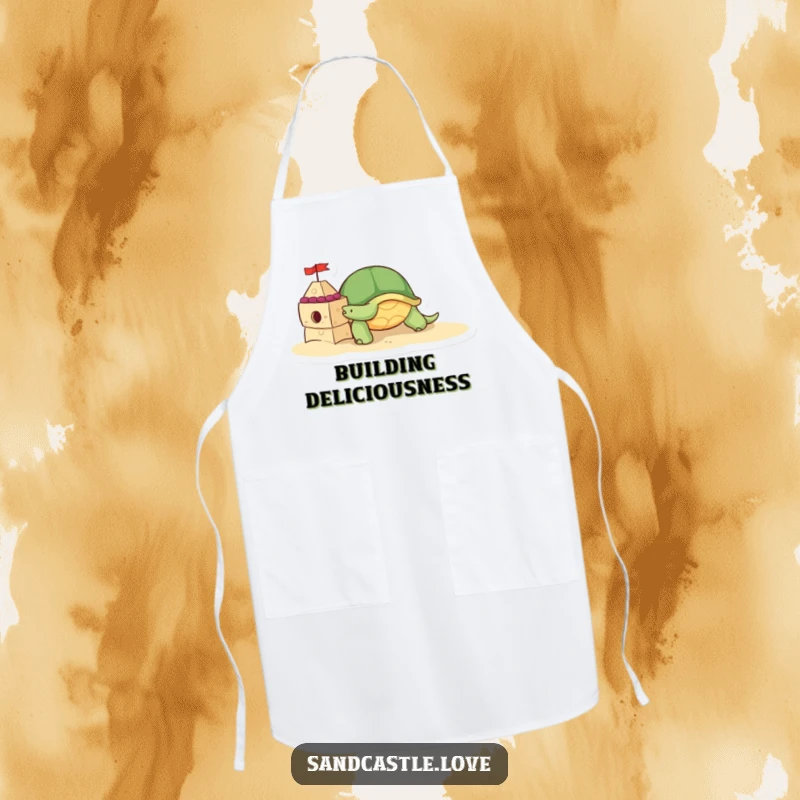 Apron featuring a cute turtle character slowly pushing a sandcastle brick, bringing beach construction and playful charm to the kitchen.