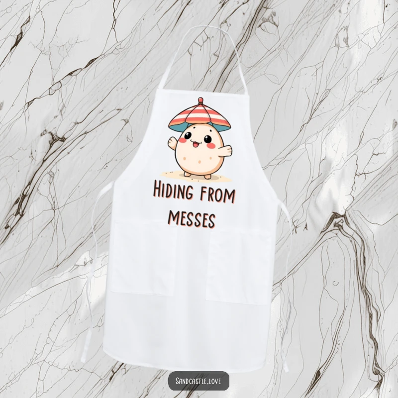 Funny pufferfish apron, a playful fish peeking from behind a striped beach umbrella, humorous kitchen wear.