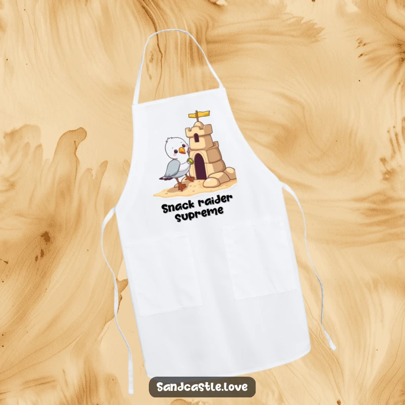 Funny seagull apron, a mischievous bird stealing a shiny object from a sandcastle, humorous kitchen wear.