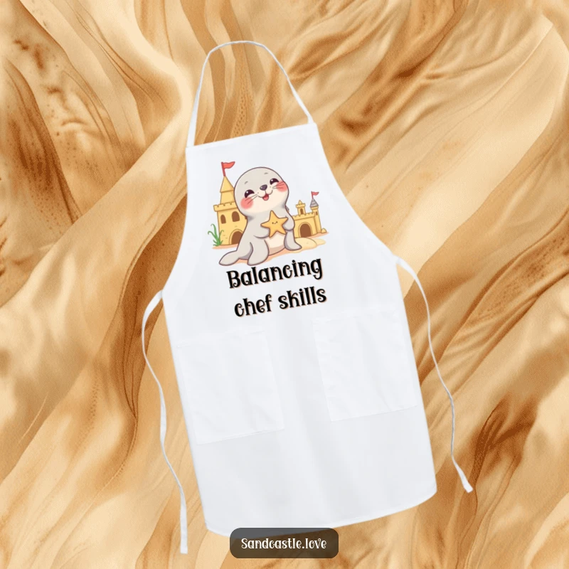 Funny apron depicting a playful seal character balancing a starfish on its nose near a sandcastle, perfect for kitchen activities and beach-themed parties.