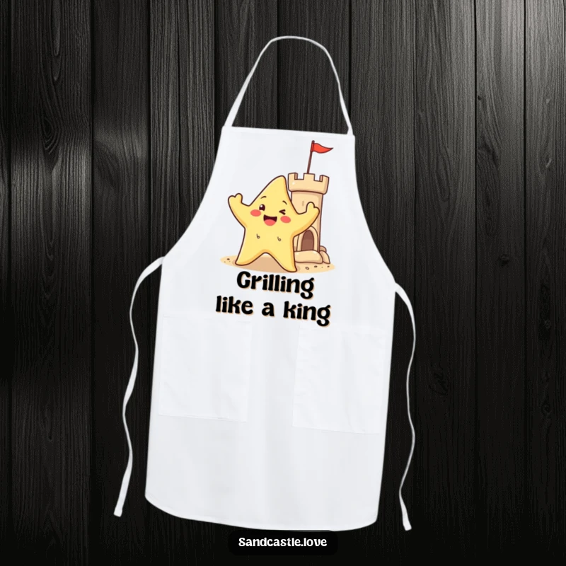 Apron featuring a happy starfish character waving its arms near a sandy castle turret, bringing beach construction and playful charm to the kitchen.