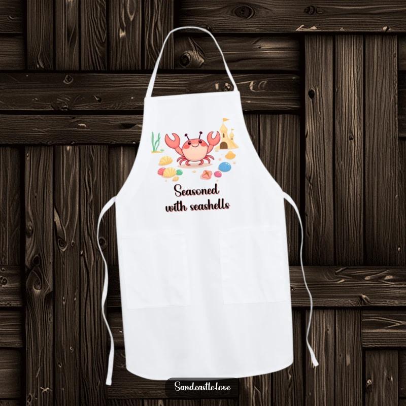 Funny apron depicting a happy crab character carrying a pile of colorful seashells towards a sandcastle, ideal for kitchen activities and beach-themed parties.
