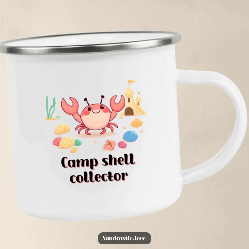 Funny camping mug showing a happy crab character carrying colorful seashells towards a sandcastle, ideal for enjoying drinks during outdoor activities.