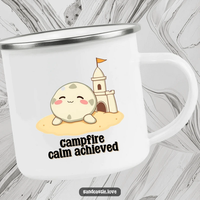 Funny sand dollar camping mug, a contented character resting on warm sand beside a sandcastle, rugged humorous drinkware.