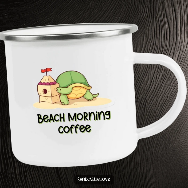 Camping mug with a cute turtle character slowly pushing a sandcastle brick, ideal for beach lovers and slow-paced outdoor enjoyment.