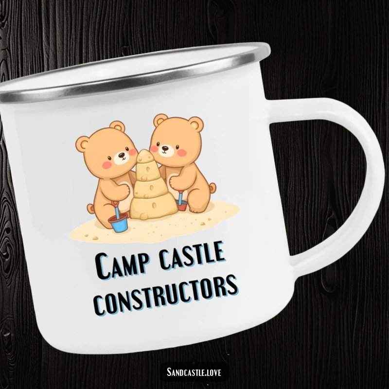 Funny camping mug depicting two endearing bears building a sandcastle with small tools, perfect for enjoying drinks by the campfire or on the beach.