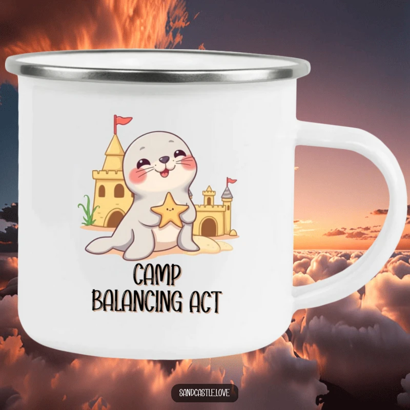 Funny camping mug showing a playful seal character balancing a starfish on its nose near a sandcastle, ideal for enjoying drinks during outdoor adventures.