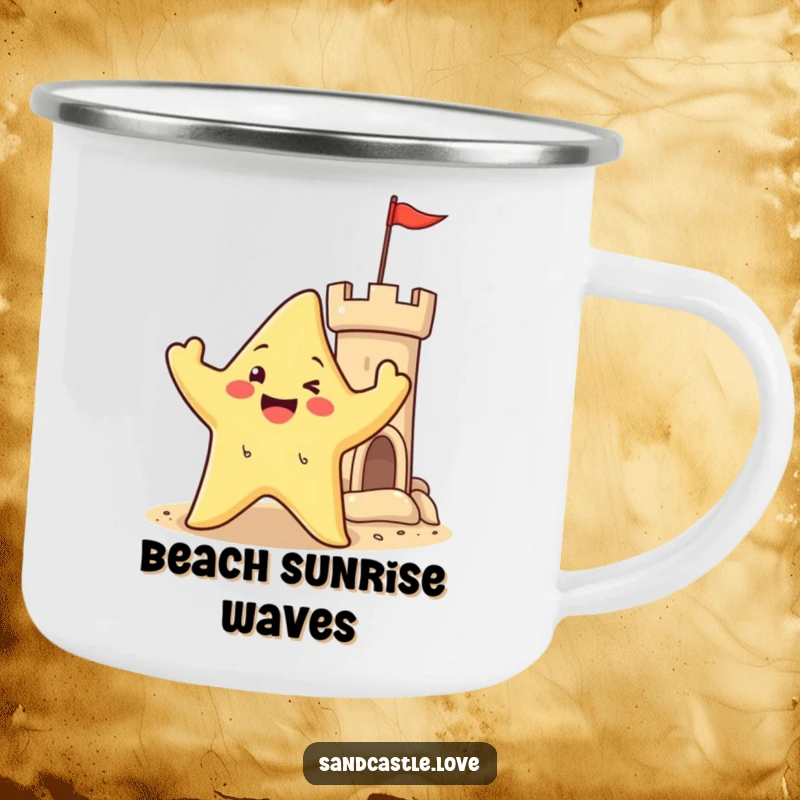 Camping mug with a happy starfish character waving its arms near a sandy castle turret, ideal for beach lovers and outdoor enjoyment.