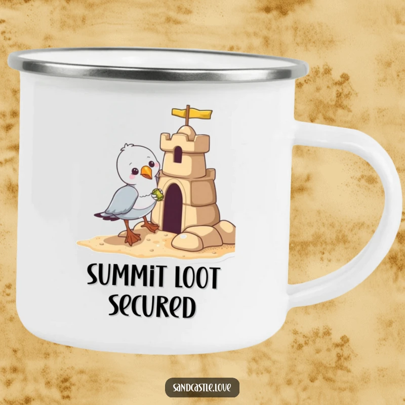 Funny seagull camping mug, a bandit bird stealing a shiny object from a sandcastle, rugged humorous drinkware.