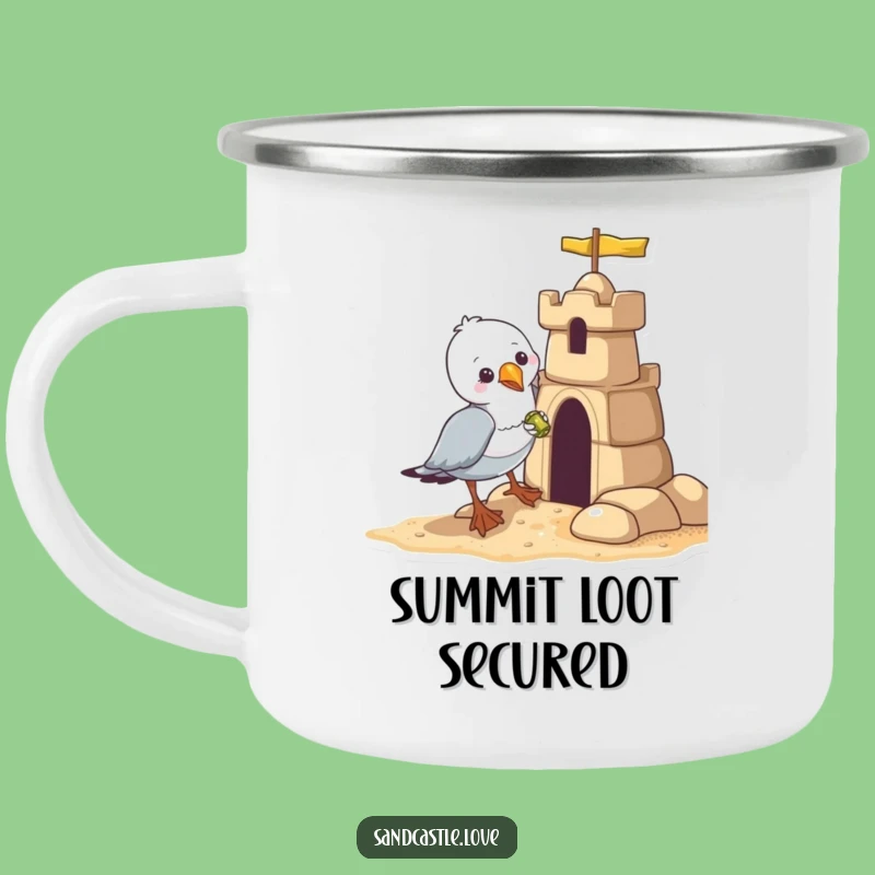 Funny Seagull Camp Mug: Beach Bandit Steals Shiny Sandcastle Treasure, Outdoor Gift