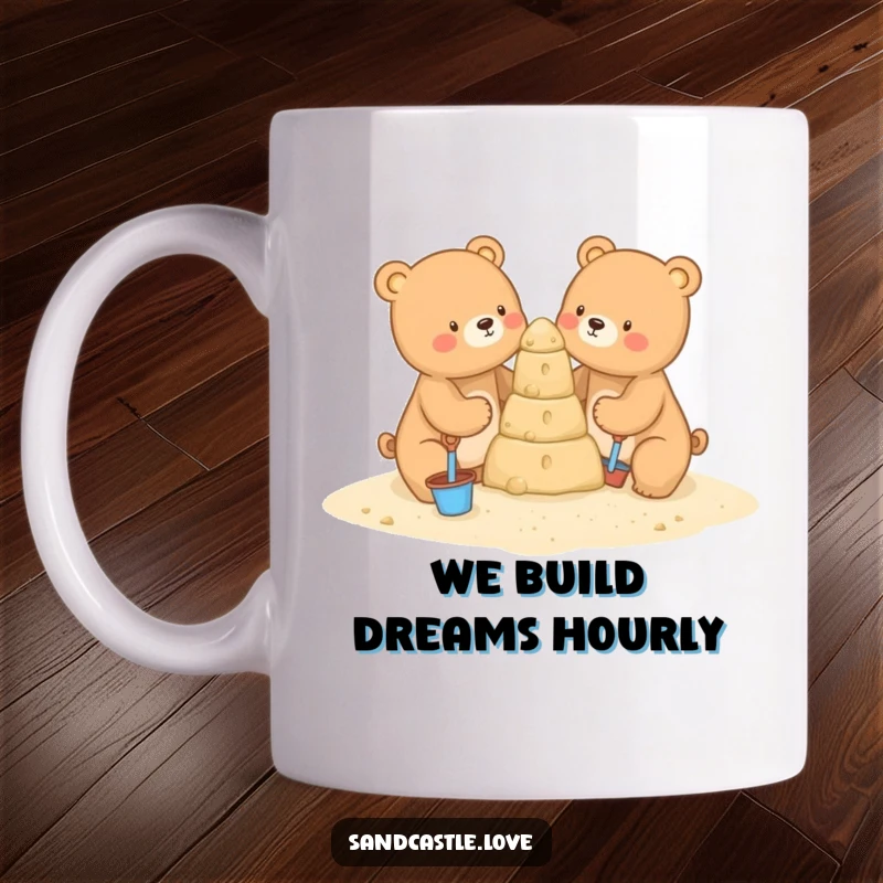 Funny mug with two cute bears using tiny shovels and buckets to build a tall sandcastle, showcasing their teamwork and seaside fun.