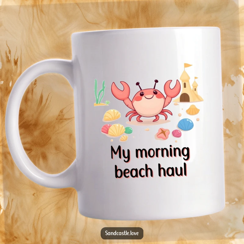 Funny mug showing a happy crab character with bulging eyes carrying a pile of colorful seashells towards a sandcastle, illustrating a busy beach day.