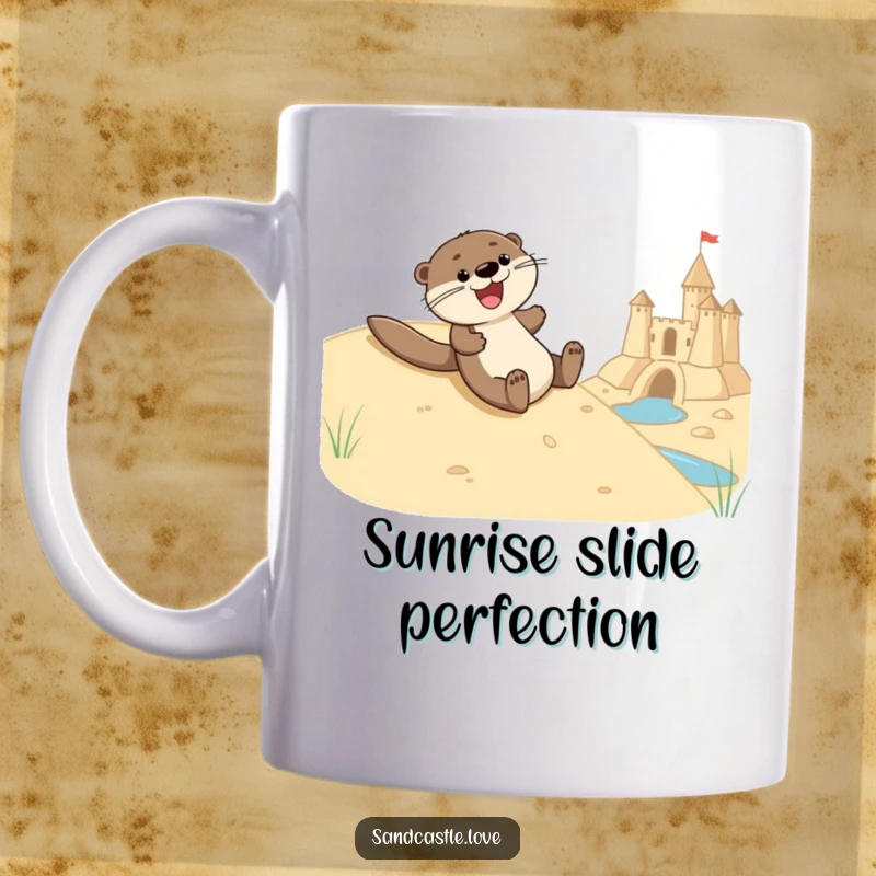Funny mug depicting a joyful otter character gleefully sliding down a sandy hill directly towards a sandcastle moat, capturing pure excitement.