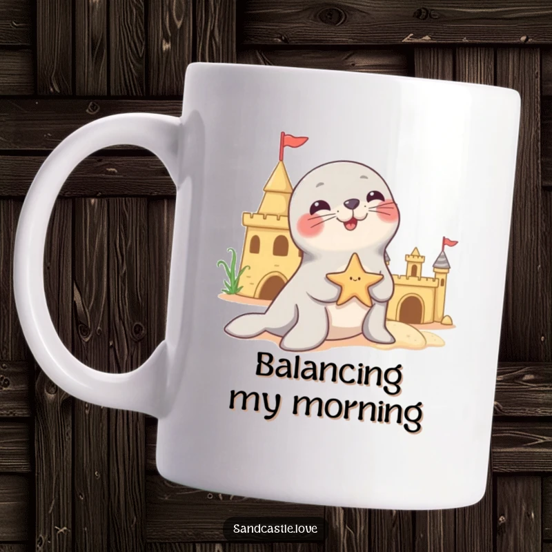 Funny mug showing a playful seal character intently balancing a starfish on the tip of its nose, positioned near a sandcastle, demonstrating skill.