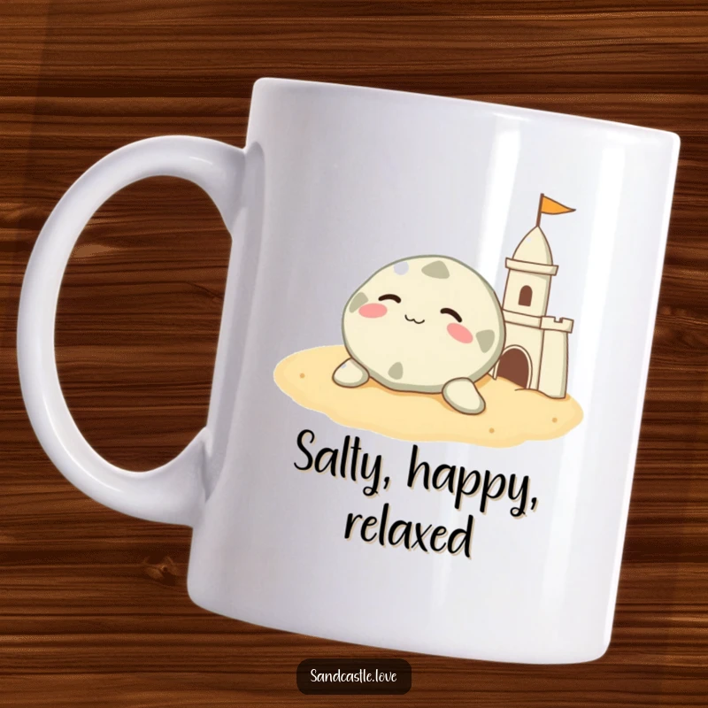 Funny sand dollar mug, a contented character resting on warm sand beside a sandcastle, peaceful beach humor gift.