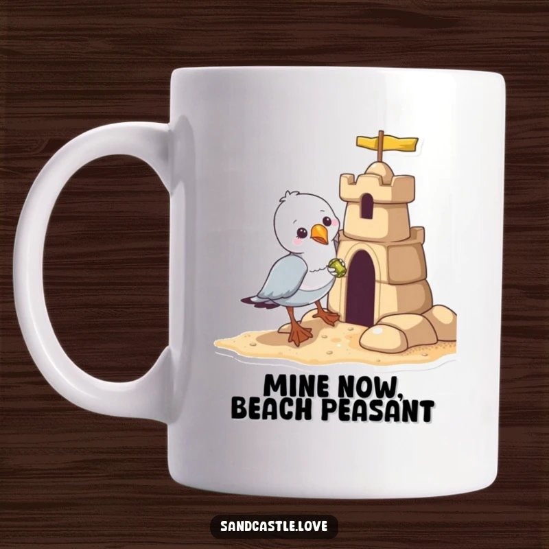Funny seagull mug, a mischievous bird snatching a shiny object from a sandcastle, perfect funny gift.
