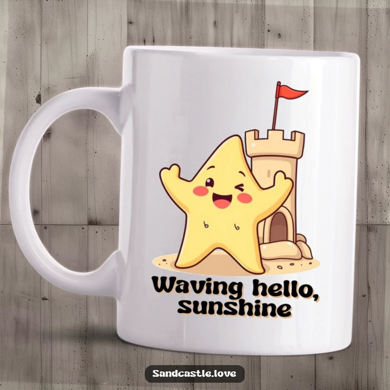 Happy starfish character waving its arms enthusiastically near a sandy castle turret, embodying beach fun and ocean cheer.