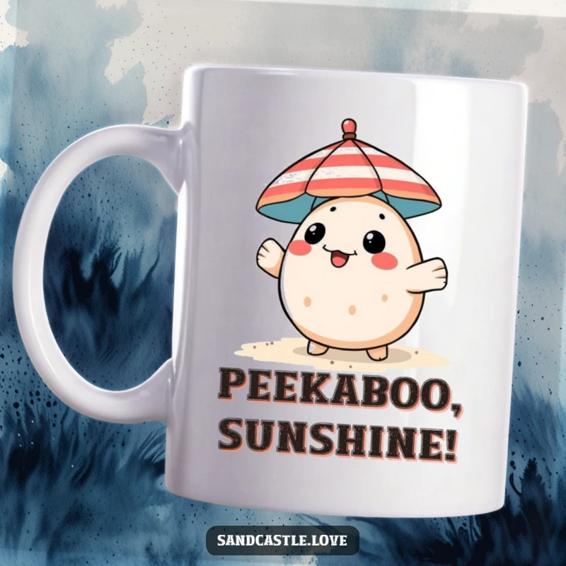 Funny pufferfish mug, a playful fish peeking from behind a striped beach umbrella, cute ocean humor gift.