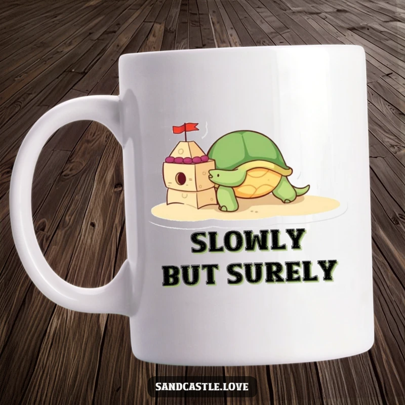 Cute turtle character humorously and slowly pushing a decorated sandcastle brick, embodying determination and beach fun.