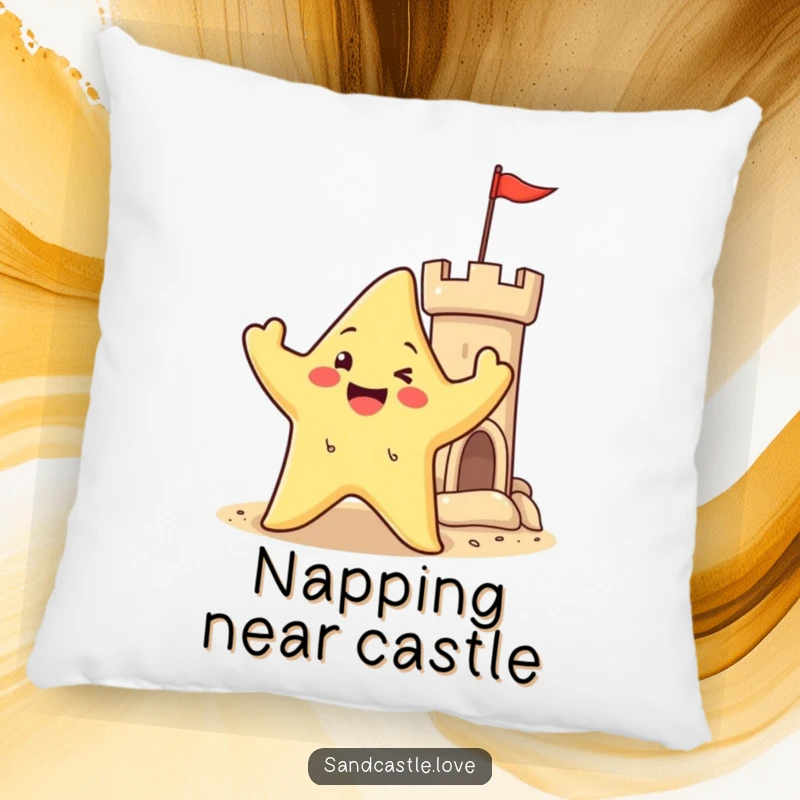 Pillow featuring a happy starfish character waving its arms near a sandy castle turret, adding a whimsical and comforting beach theme.