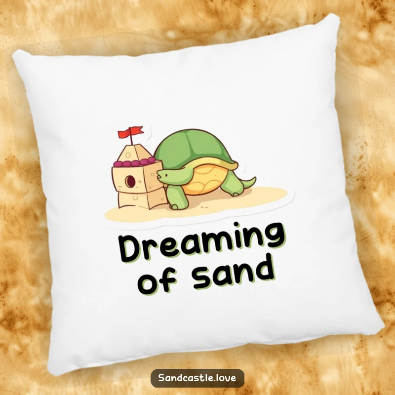 Pillow featuring a cute turtle character slowly pushing a decorated sandcastle brick, adding a whimsical and comforting beach theme.