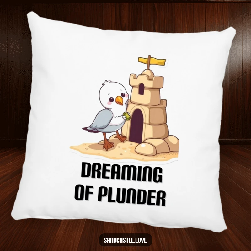 Funny seagull pillow, a mischievous bird attempting to steal a shiny object from a sandcastle, decorative cushion.