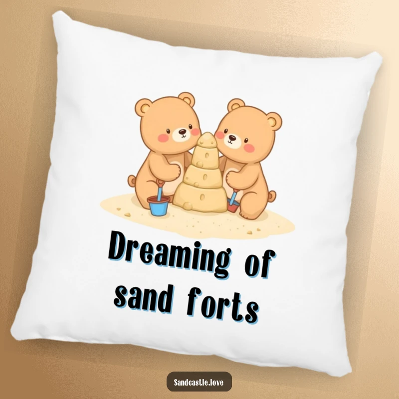 Funny pillow displaying two adorable bears focused on building a large sandcastle using tiny beach tools, creating a heartwarming scene.