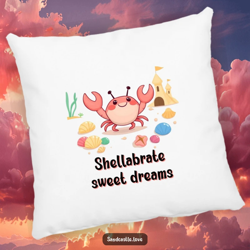 Funny pillow showcasing a happy crab character diligently collecting colorful seashells to build a sandcastle, adding a whimsical touch to any room.