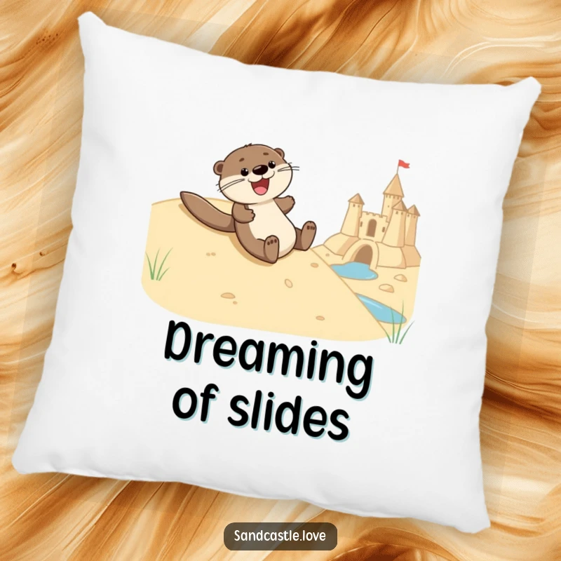 Funny pillow showcasing a joyful otter character sliding down a sandy hill towards a sandcastle moat, adding a whimsical touch to any room.