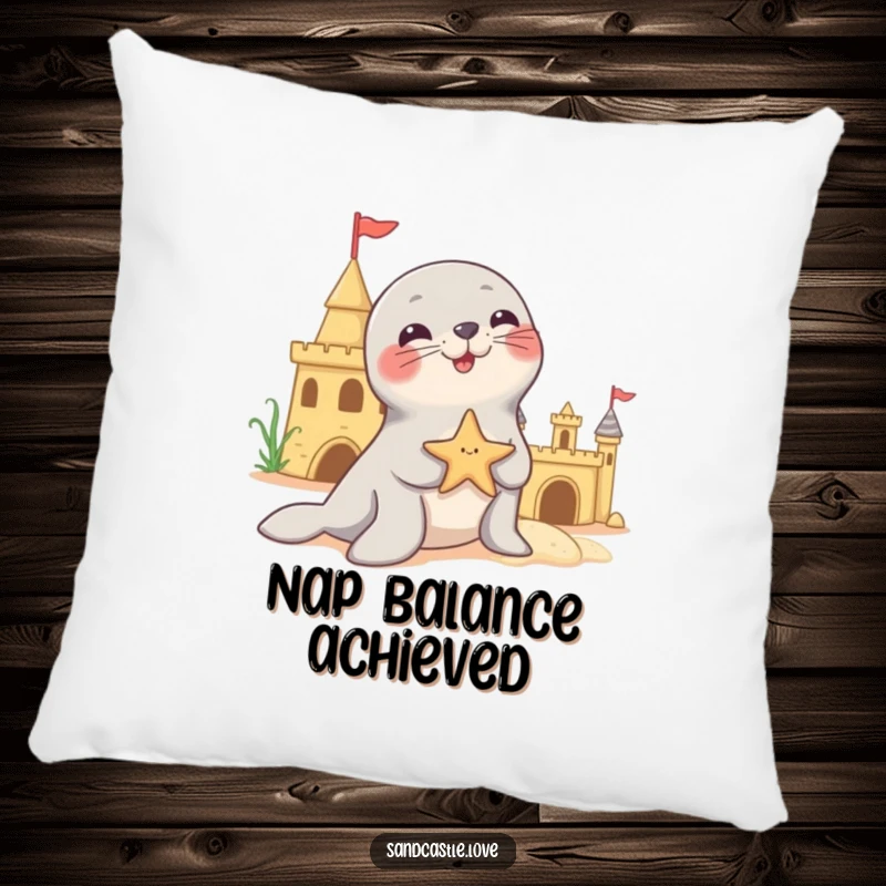 Funny pillow showcasing a playful seal character balancing a starfish on its nose near a sandcastle, adding a whimsical touch to any room.