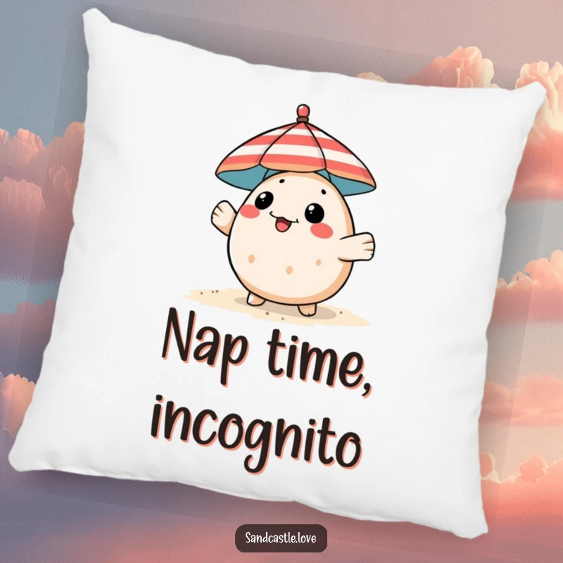 Funny pufferfish pillow, a playful fish peeking from behind a striped beach umbrella, decorative cushion.