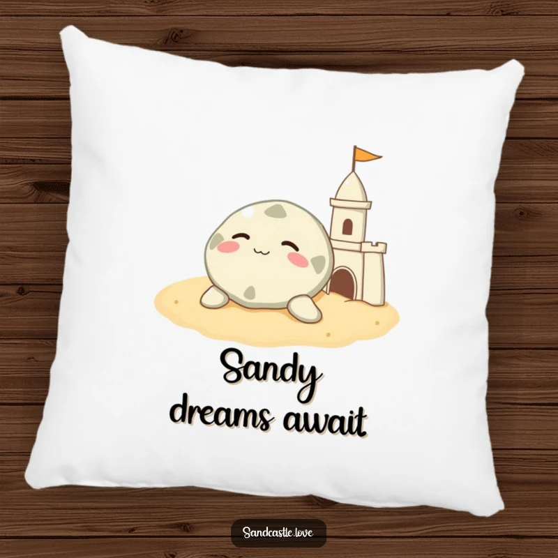 Funny sand dollar pillow, a contented character resting on warm sand beside a sandcastle, decorative cushion.