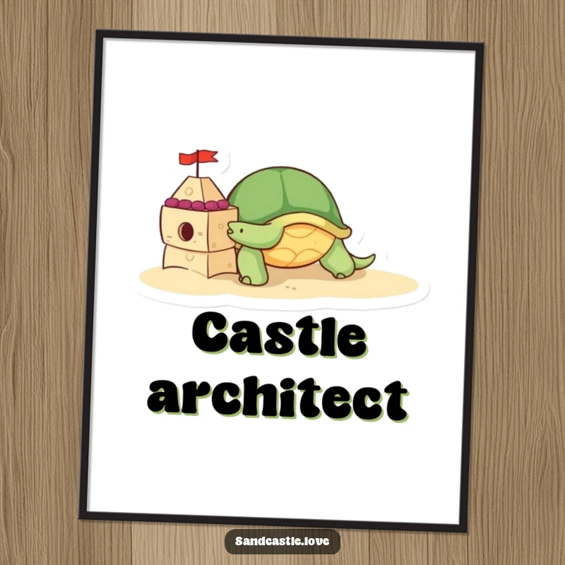 Digital art print of a cute turtle character slowly pushing a small, decorated sandcastle brick, capturing the charm of beach construction.