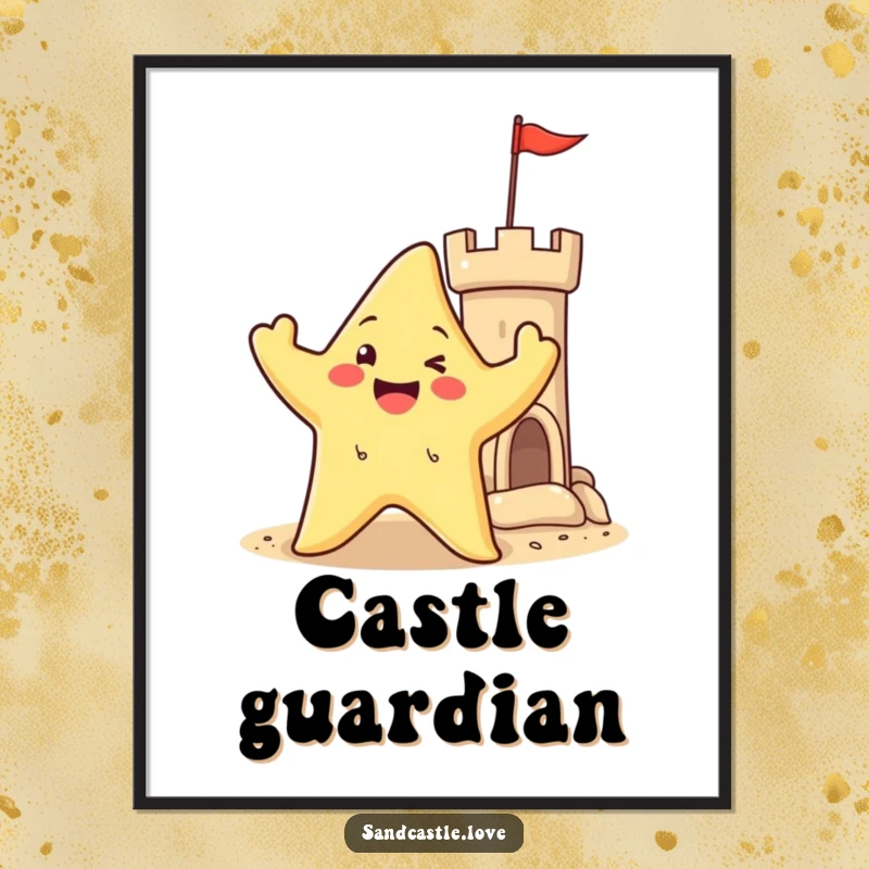 Digital art print of a happy starfish character waving its arms near a sandy castle turret, capturing the charm of beach construction and ocean fun.