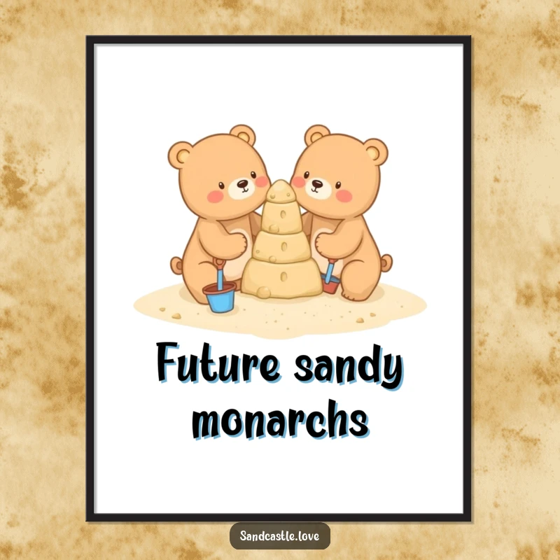 Funny digital art print of two cute bears joyfully building a detailed sandcastle with tiny shovels and buckets on a sunny beach.
