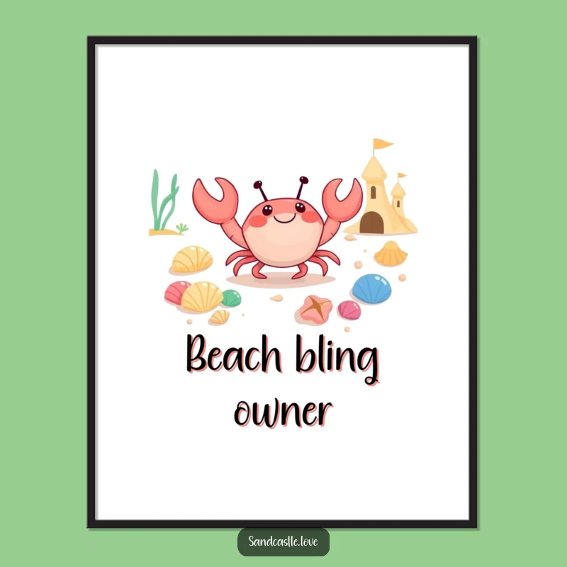 Funny Happy Crab Seashell Digital Art: Instant Download Cute Beach Scene Funny Gift