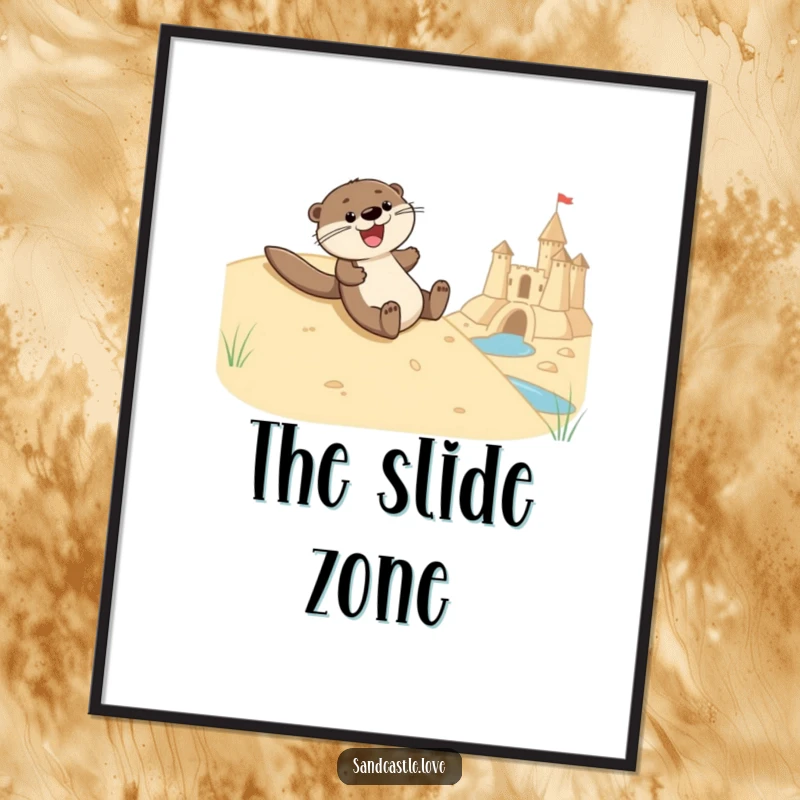 Funny digital art print of a joyful otter character gleefully sliding down a sandy hill towards a sandcastle moat, capturing pure excitement.