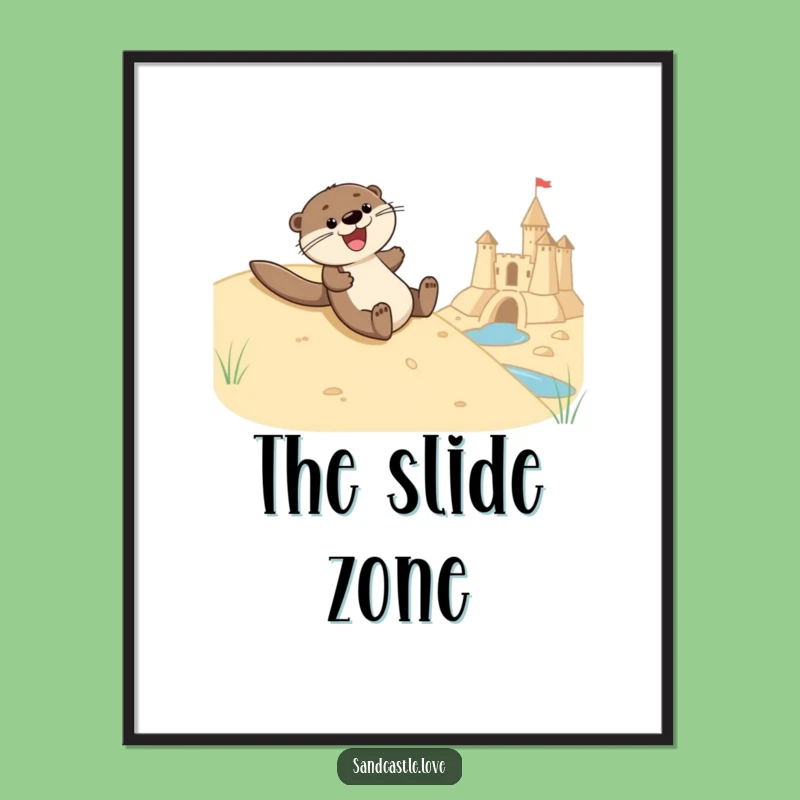 Funny Joyful Otter Sliding Digital Art: Instant Download Cute Beach Scene Funny Gift