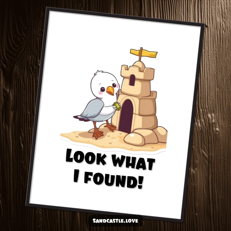 Funny seagull digital art print, a mischievous bird stealing a shiny object from a sandcastle, instant humorous download.