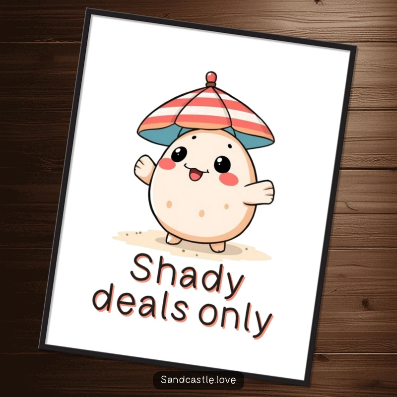 Funny pufferfish digital art print, a playful fish peeking from behind a striped beach umbrella, instant humorous download.