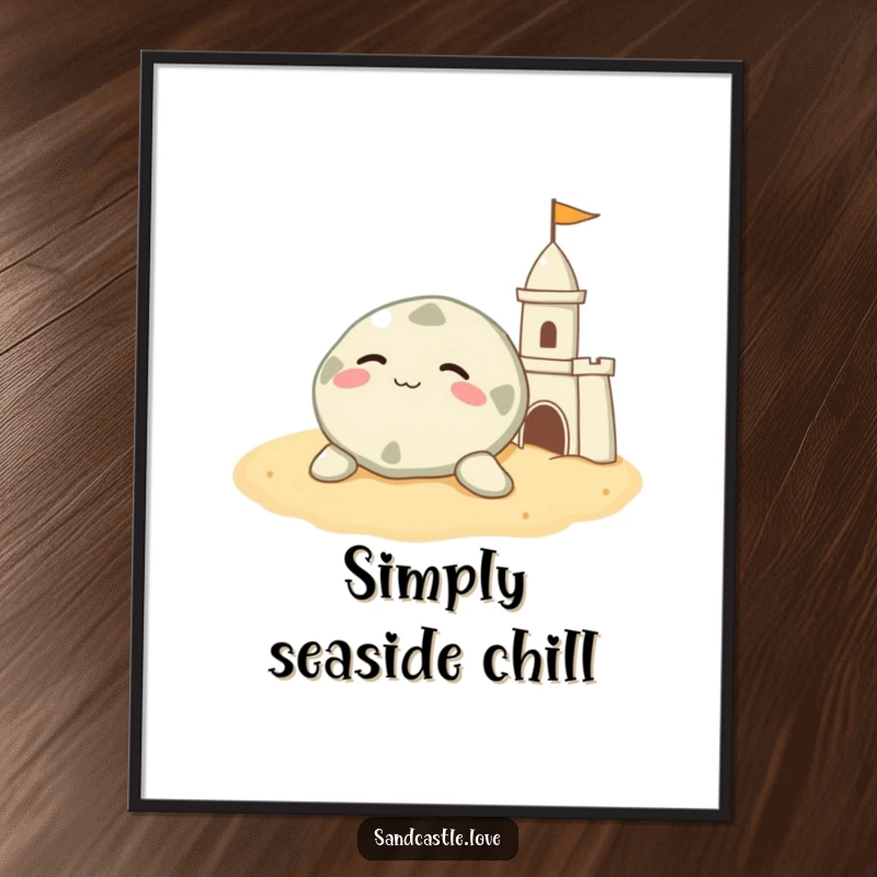 Funny sand dollar digital art print, a contented character resting on warm sand beside a sandcastle, instant humorous download.
