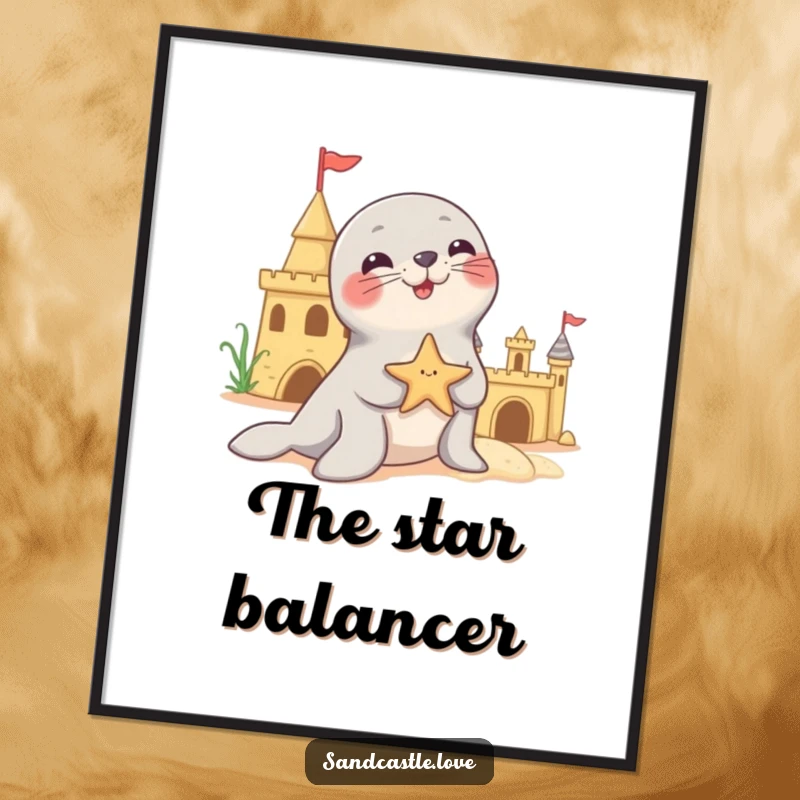Funny digital art print of a playful seal character balancing a starfish on its nose near a sandcastle, capturing a charming and skilled performance.