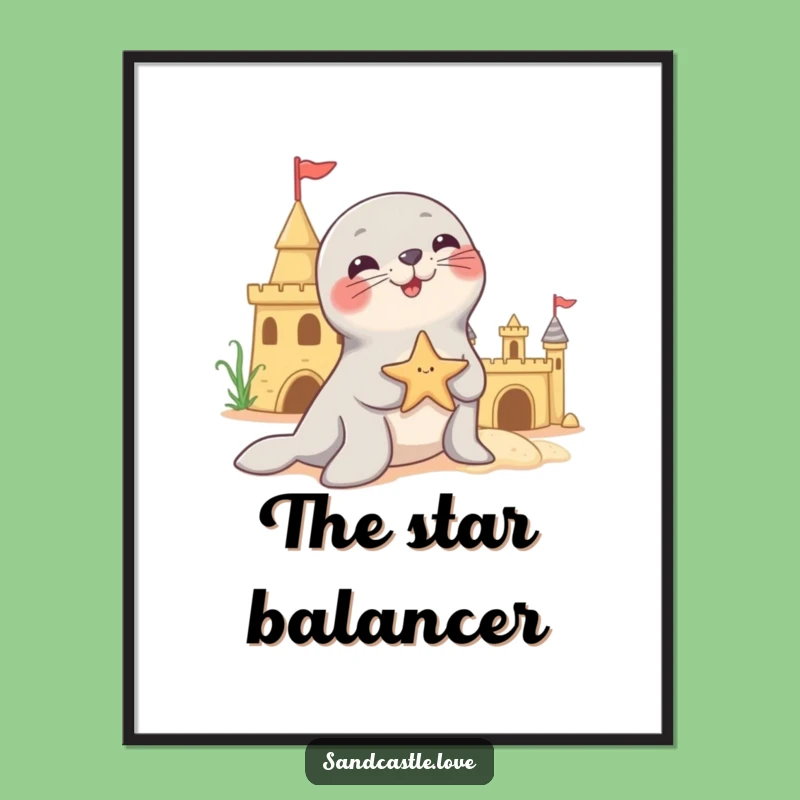 Funny Playful Seal Starfish Digital Art: Instant Download Cute Beach Scene Funny Gift