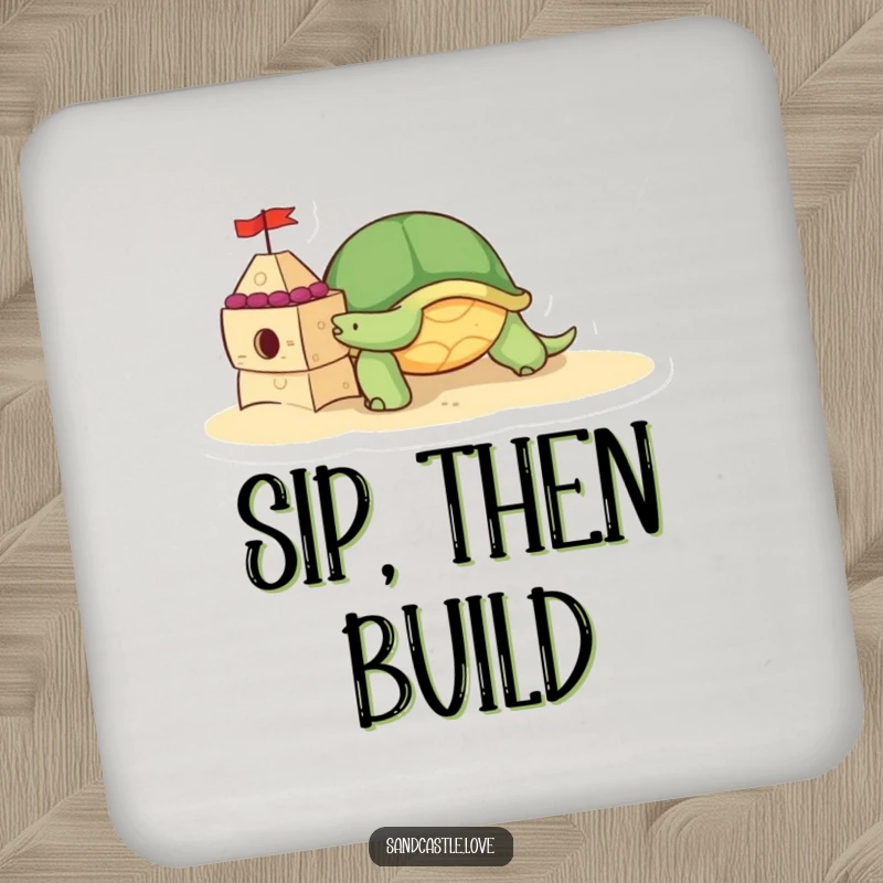 Set of drink coasters featuring a cute turtle character slowly pushing a decorated sandcastle brick, bringing beach construction and charm.