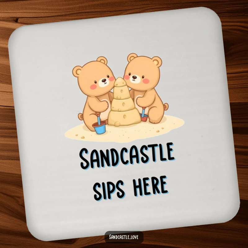 Funny drink coasters showing two cute bears constructing a sandcastle, protecting furniture with a delightful and artistic beach scene.
