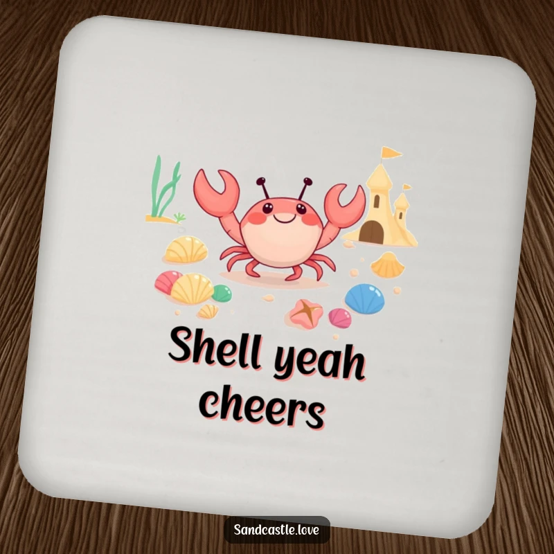 Funny drink coasters featuring a happy crab character carrying colorful seashells to a sandcastle, protecting furniture with a charming beach motif.