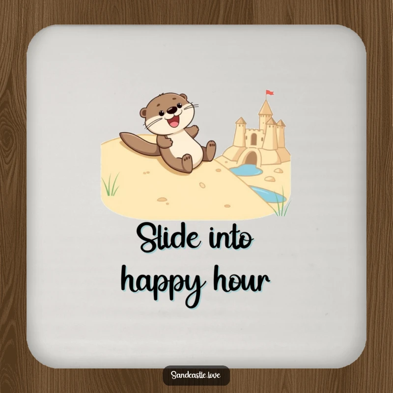 Funny drink coasters featuring a joyful otter character sliding down a sandy hill towards a sandcastle moat, protecting furniture with playful aquatic art.