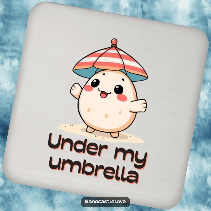 Funny pufferfish coaster, a playful fish peeking from behind a striped beach umbrella, humorous table accessory.