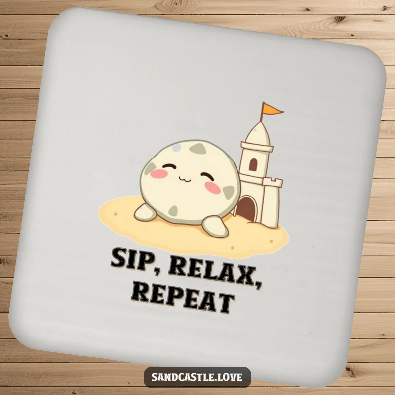 Funny sand dollar coaster, a contented character resting on warm sand beside a sandcastle, humorous table accessory.